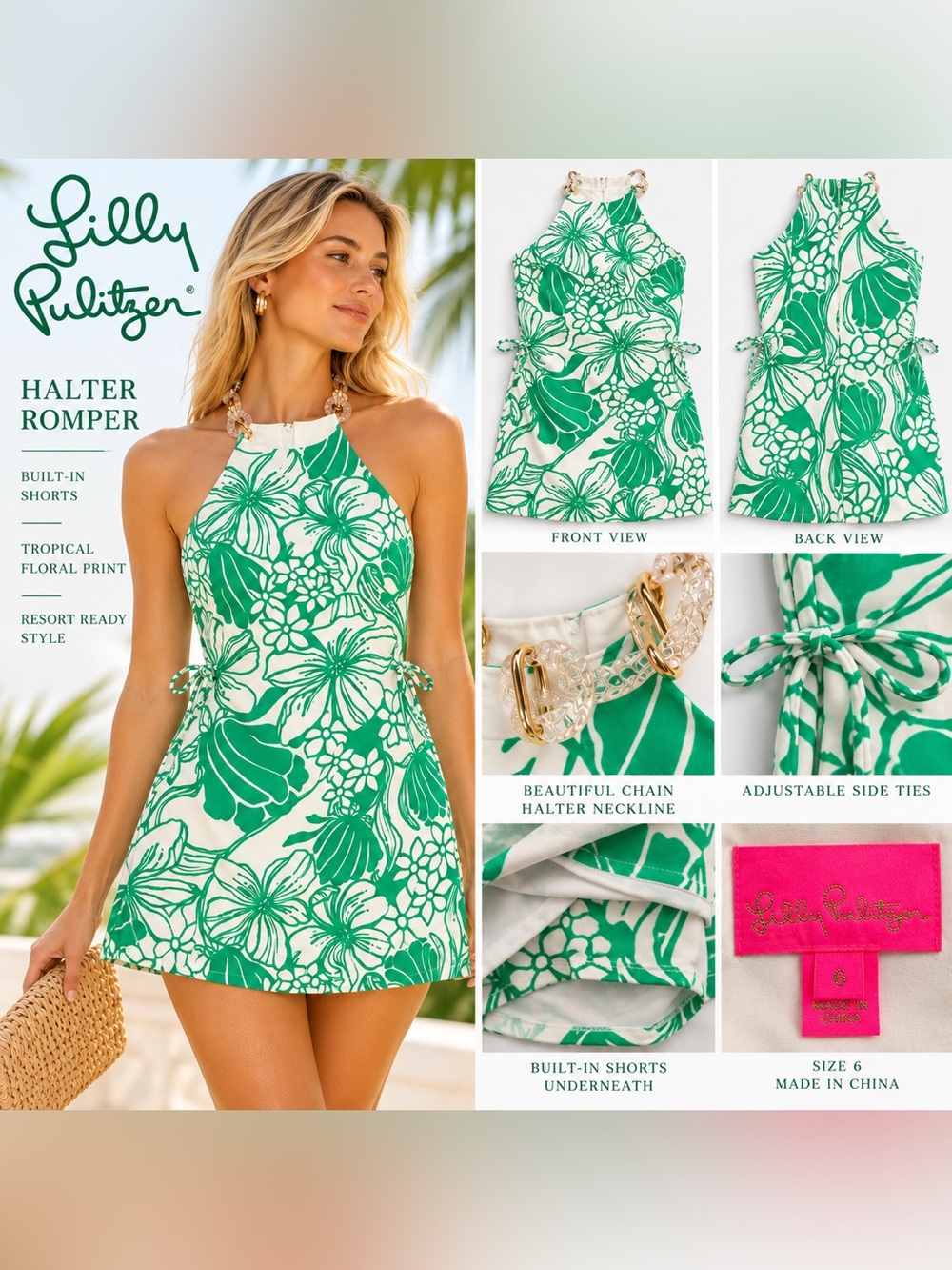 Lilly Pulitzer Green White Floral Halter Romper Built In Shorts Size 6